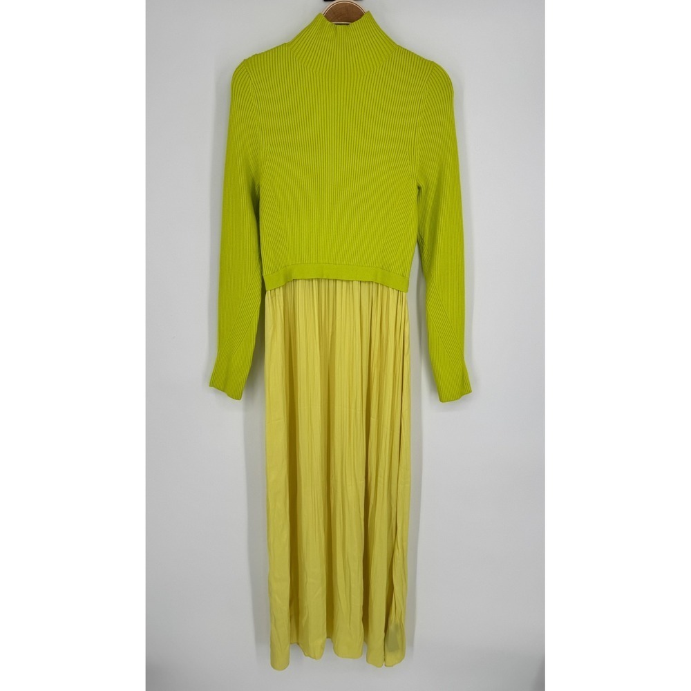 Anthropologie Thea Twofer Sweater Dress L Chartreuse Yellow Ribbed Maxi Pleated - Picture 4 of 12